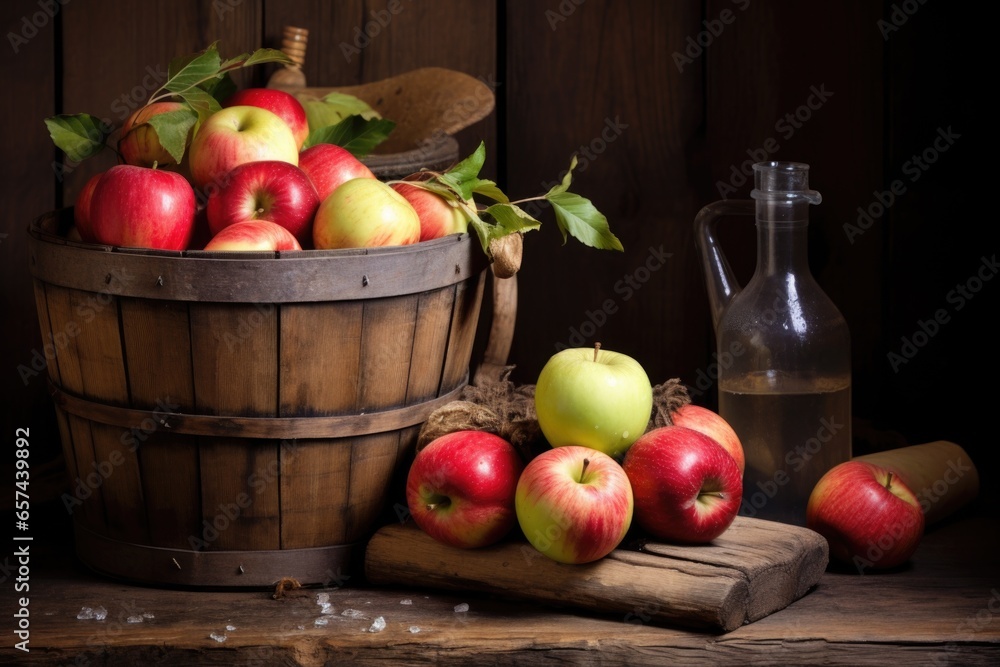 Wall mural wooden bucket full of apples and a cider bottle