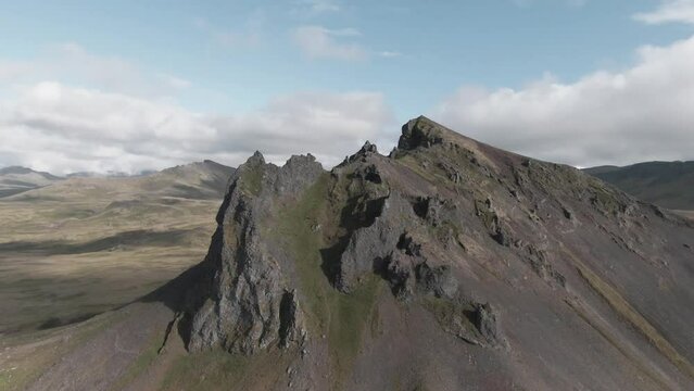 View at craggy mountain peak, hiking trail in Iceland, Hreggnasi, Snaefellsness