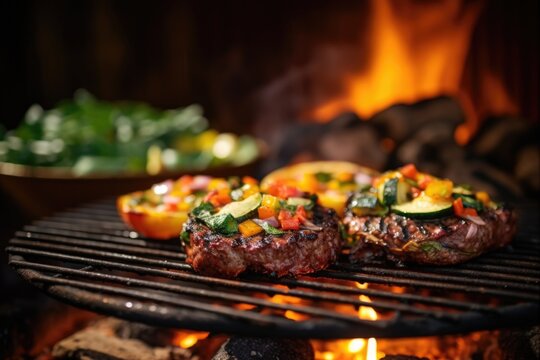 Burger With Vegetable Topping Placed On Warm Grill