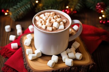 hot chocolate with a pile of mini marshmallows beside the cup