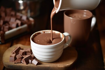 pouring hot chocolate from a ceramic jug into a mug