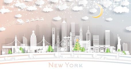 New York USA. Winter City Skyline in Paper Cut Style with Snowflakes, Moon and Neon Garland. Christmas and New Year Concept. New York Cityscape with Landmarks.
