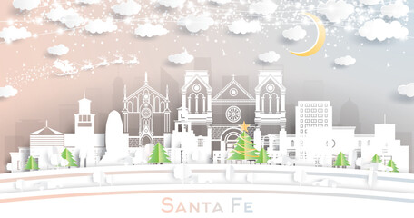 Santa Fe New Mexico USA. Winter City Skyline in Paper Cut Style with Snowflakes, Moon and Neon Garland. Christmas and New Year Concept. Santa Fe Cityscape with Landmarks.
