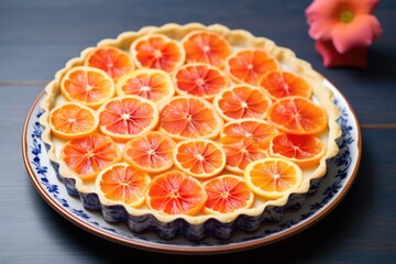 flower-shaped orange and grapefruit tart on ceramic plate - obrazy, fototapety, plakaty