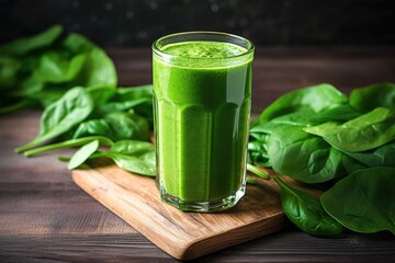 green smoothie in a tall glass with spinach leaves on a wooden table