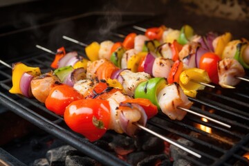 fresh shrimp skewered on wooden kebabs on grill rack