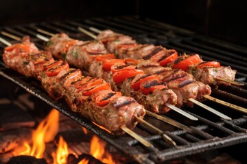 rack of lamb chops on the grill, fat sizzling