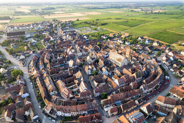 Aerial view of the beautiful French Village of Eguisheim in Alsace France