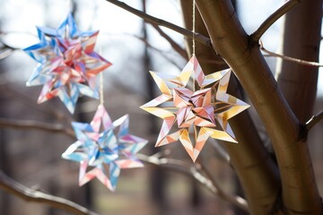 folded paper star of david ornaments hanging on tree branches