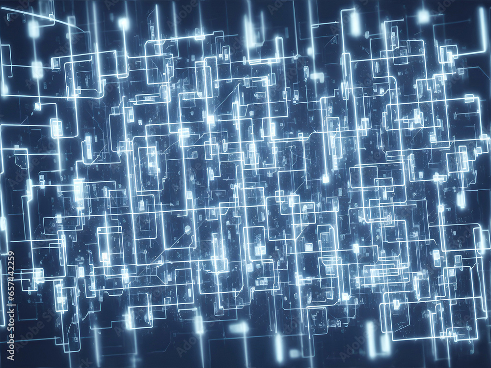 Poster technological blue background with intricate lines and shapes, representing futuristic design and di