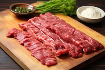 uncooked bulgogi beef strips on wooden board