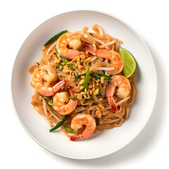 Plate of delicious shrimp pad thai Isolated on a white Background