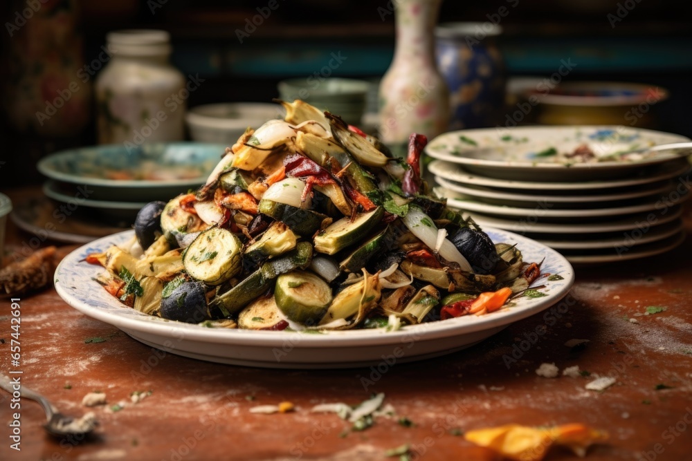 Sticker a plate of untouched grilled vegetables beside a stack of dirty dishes