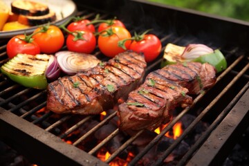 marinated steak on barbecue grill with vegetables