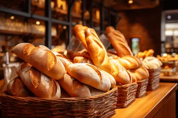 Fototapeten Fresh bread on bakery counter, Different types of delicious bread on baker shop shelves in baskets © Nayan