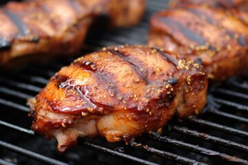 close-up of grilling honey mustard glazed pork chops
