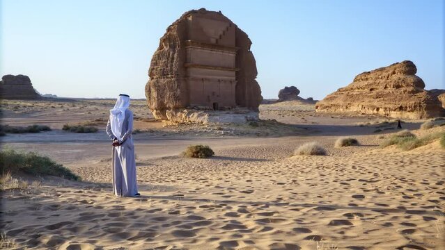 Tomb In Saudi Arabia - Man looking at ancient rock structure
