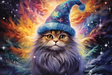 colorful illustration of a magical cat with a wizard hat, fantasy art