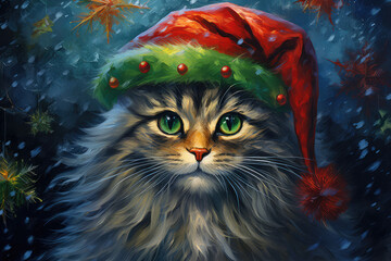 portrait of a cat with a santa hat, christmas decorations and snowflakes in the background