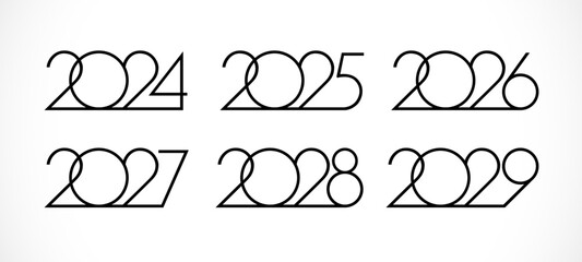 Set of creative numbers from 2024 to 2029. Happy new year icons 2025, 2026, 2027 and 2028. Calendar or planner title. Business style. Black and white concept. Isolated graphic design. Typographic idea