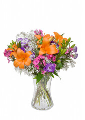 Beautiful huge bouquet of bulbous lily and lisianthus in vase on white background