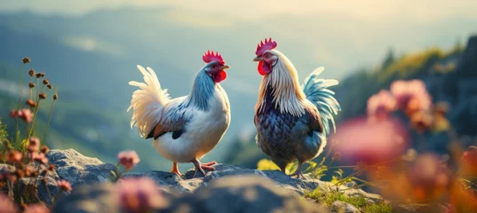 Fotobehang Chicken couple at sunset. Generative AI technology. © Hero Design