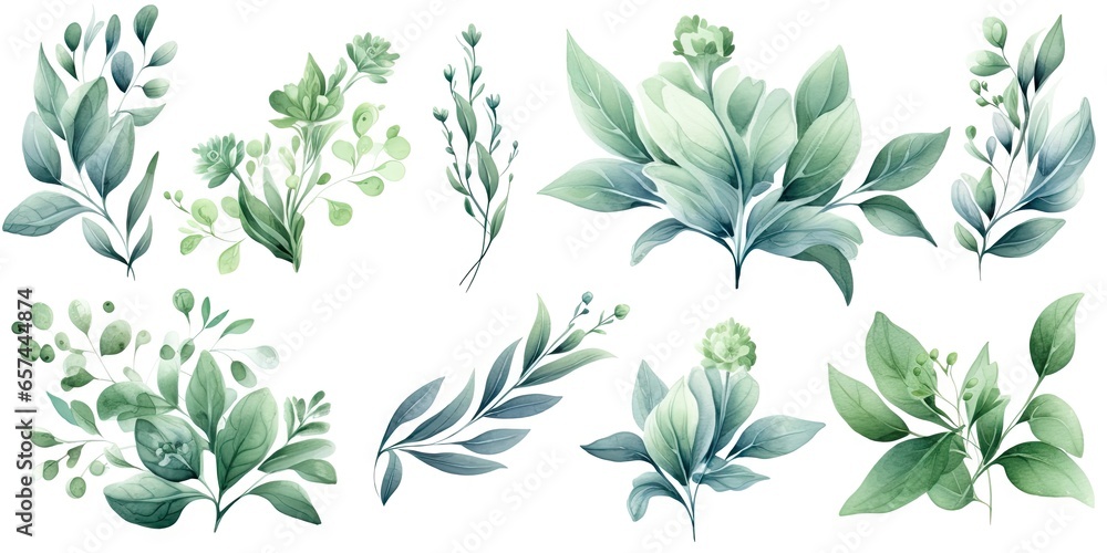 Sticker Watercolor botanical illustrations. Summer palette. Greenery and floral delights on white background isolated. Rustic elegance. Hand drawn collection. Eucalyptus dreams. Nature green beauty