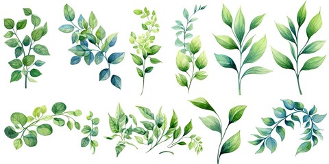 Watercolor botanical illustrations. Summer palette. Greenery and floral delights on white background isolated. Rustic elegance. Hand drawn collection. Eucalyptus dreams. Nature green beauty