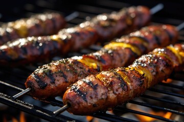 bbq sausage with mustard marks on a steel grill