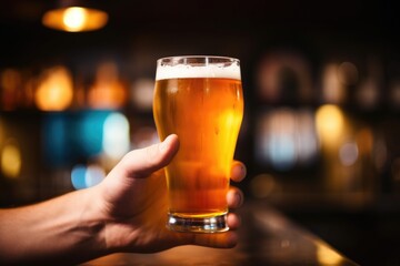 hand holding ipa beer glass, showing color of the beer against light