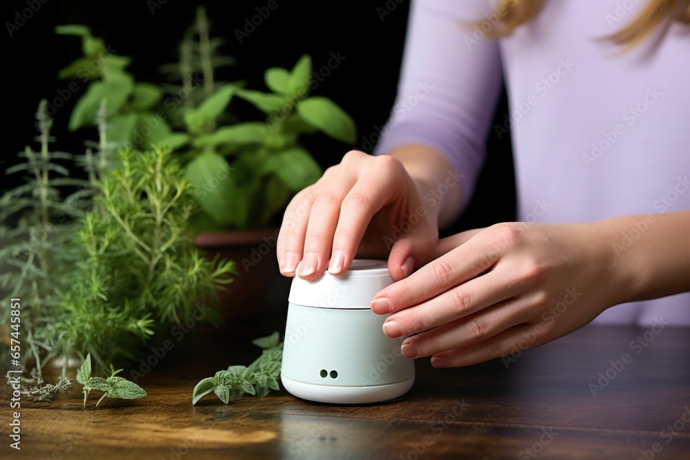 Sticker hand placing herbal tea leaves into a diffuser on a cup