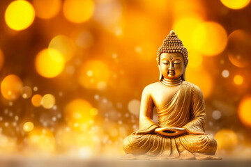 Buddha statue on a golden bokeh background. Meditation in lotus position. Spiritual zen God.