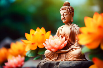 Buddha statue on a flowers garden. Meditation in lotus position. Spiritual zen God. - obrazy, fototapety, plakaty
