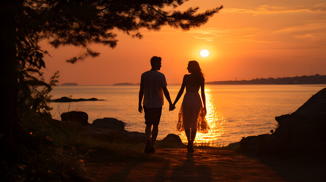 Silhouette of a Couple Holding Hands at Sunset