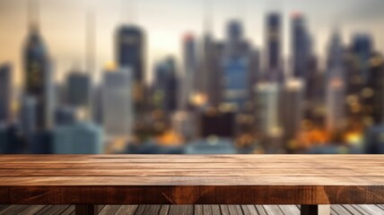 The empty wooden table top with blur background of business district and office building in autumn....