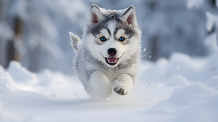 Naklejka premium Playful Siberian Husky Puppy in the Snow