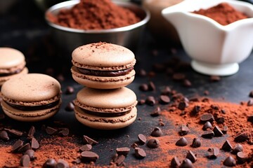 chocolate macarons with cacao nibs and powder sprinkled around