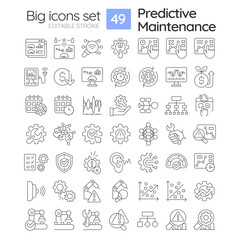 2D editable black big thin line icons set representing predictive maintenance, isolated vector, linear illustration.