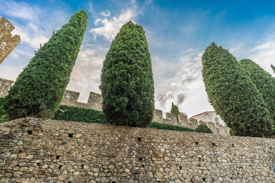 Peralada, Catalonia, Spain - July 28, 2018 : Castell de Peralada Castle. Seat of the medieval dynasty of the viscounts of Peralada. Now holds a summer music festival, winery and casino