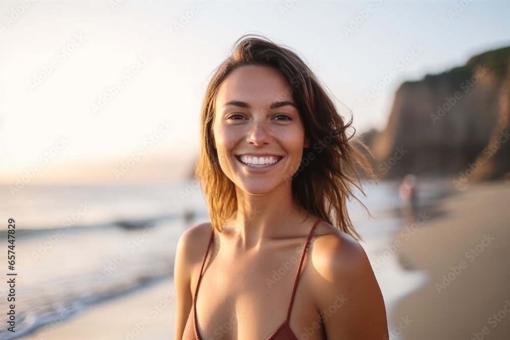 Wall mural portrait of a beautiful young woman smiling on the beach at sunset