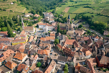 Fototapeta na wymiar Aerial view of the beautiful French Village of Ribeauvillé in Alsace France