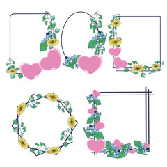 Set of spring floral frames with hearts and eucalyptus leaves with gerbera flowers. Vector illustration 