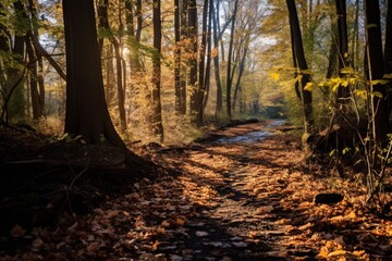 forest trail lined with sunlit fallen leaves