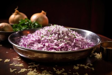 stainless steel bowl filled with finely chopped onions