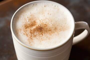 zoomed in frothy hot coffee in a ceramic mug