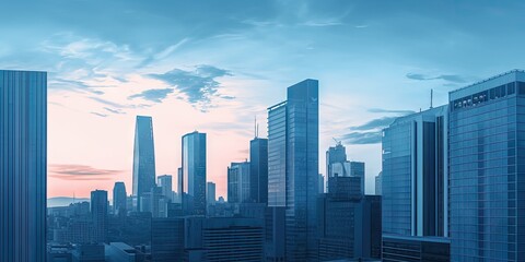 Obraz premium Urban brilliance. Modern cityscape at sunset. Corporate ascent. Futuristic skyline view. Downtown reflections. Architecture and success. Glass towers of finance. City landscape