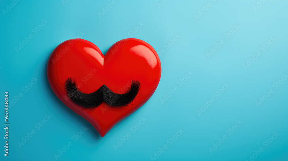 Poster red heart-shaped object with comical mustache on it. this image can be used to represent love, humor