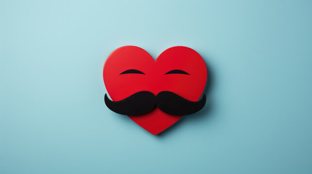 Red heart with mustache on blue background. This image can be used to represent love and affection with touch of humor. It is suitable for various occasions and designs.