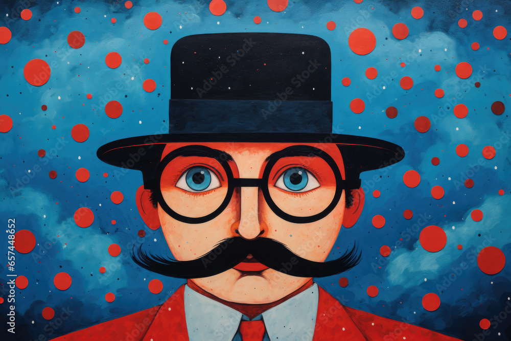 Poster detailed painting of man with distinguished mustache and glasses. essence of sophistication and inte