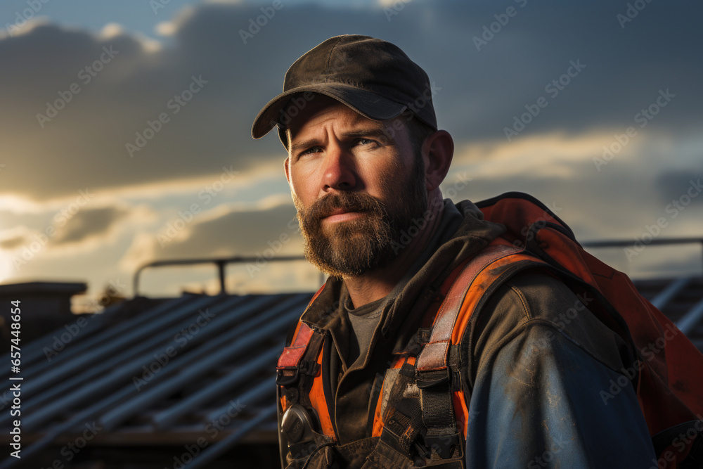 Poster man with beard wearing hat and vest. this versatile image can be used to portray various concepts su